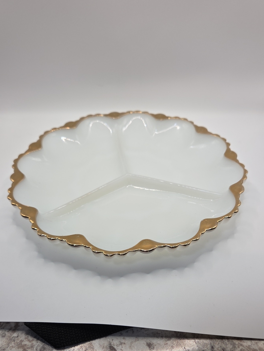 Fire King Anchor Hocking Milk Glass Divided Serving Plate Gold Trim. Vintage